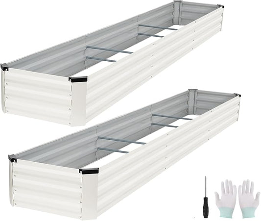 Galvanized Raised Garden Bed Outdoor | Metal Raised Garden Bed for Gardening 2Pack | Large Planter Box for Vegetables Flowers Fruits | Easy Assembly & Safety Design Flower Beds 12x2x1ft White