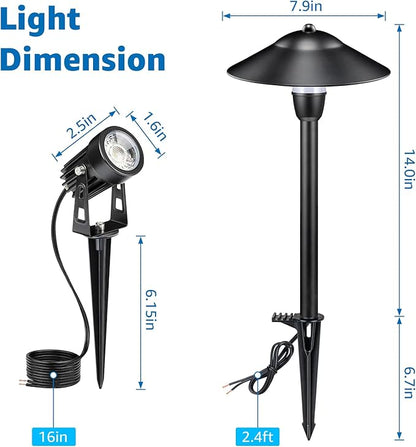 SUNVIE All-in-One LED Low Voltage Landscape Lighting Kit 6 Pathway Lights 2 Spotlights with 60W Photocell Transformer 100FT Wire for Path&Garden, Aluminum, ETL Listed, Dusk to Dawn, Waterproof, 3000K