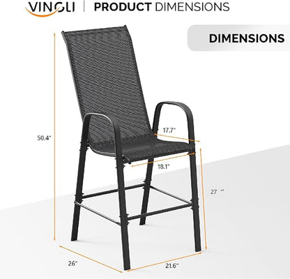 VINGLI Outdoor Bar Chairs Set of 6 – Stackable Outdoor Bar Stools with Sturdy Sling High Back and Armrests for Lawn, Courtyard, Garden, Bar, Black