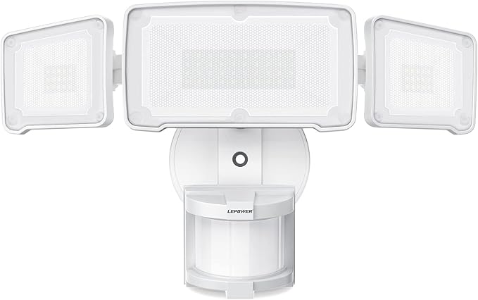 LEPOWER LED Security Lights Motion Sensor Light Outdoor, 38W 4200LM Light, 5500K, IP65 Waterproof, 3 Head Detected Flood Light for Garage, Yard, Porch (White)