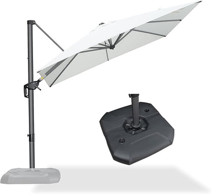 PURPLE LEAF 8 Feet Square Cantilever Umbrella Patio Umbrella with Base Outdoor Umbrella Aluminum Offset with 360-degree Rotation for Garden Deck Pool Patio White