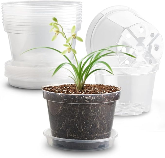 12 Pack 8 Inch Clear Plant Pots with Saucers, Transparent Plastic Nursery Pots with Drainage Hole, Sturdy Garden Planter Pots, Planting Starter Pots for Indoor Outdoor
