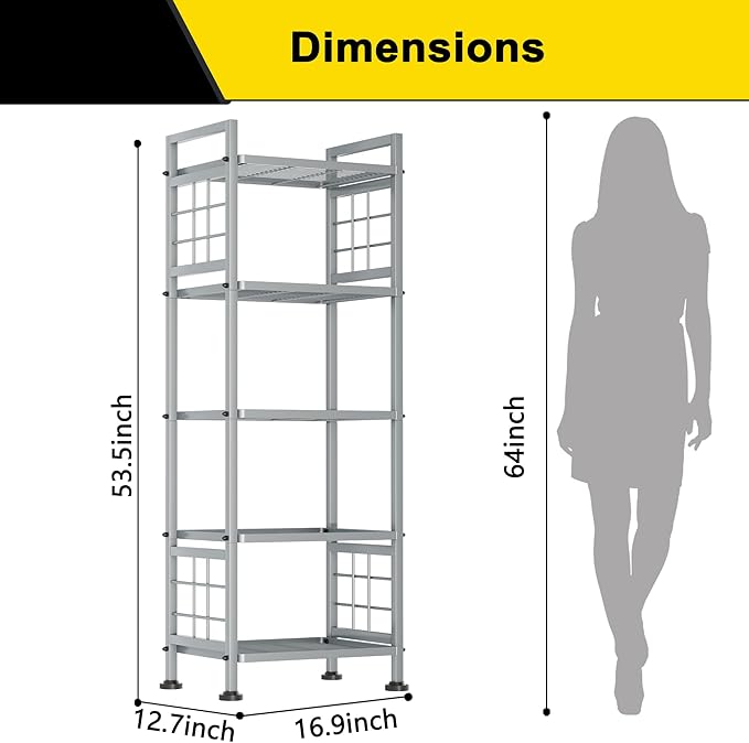 GIOTORENT 5-Wire Standing Storage Shelf, Metal Shelving Unit Pantry Rack for Laundry Kitchen Bathroom Organizer(Silver)