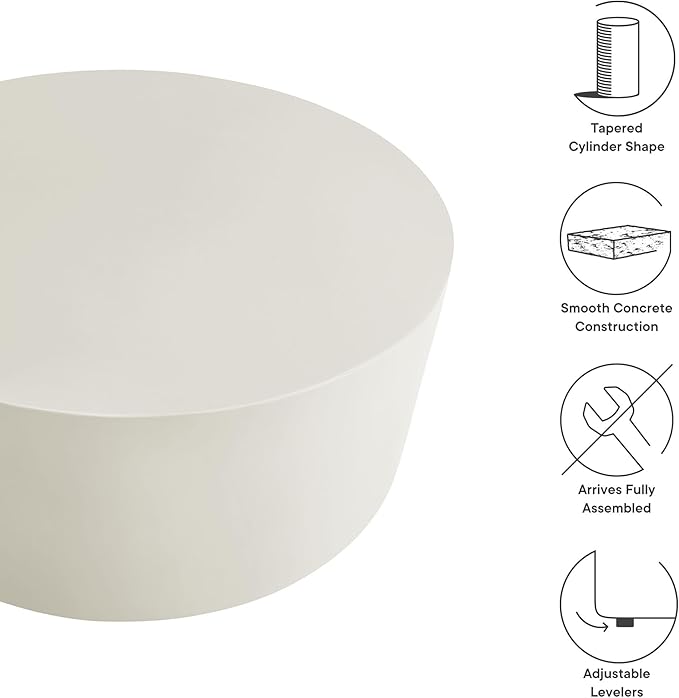 Modway Brion 34 Inch Round Concrete Coffee Table – Indoor/Outdoor Tapered Cylinder Coffee Table – Low Center Table for Living Room or Patio in White