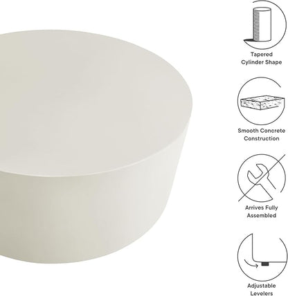 Modway Brion 34 Inch Round Concrete Coffee Table – Indoor/Outdoor Tapered Cylinder Coffee Table – Low Center Table for Living Room or Patio in White