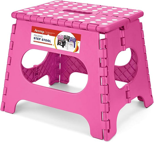 ACSTEP Folding Step Stool 11 Inch, Sturdy Plastic Foldable Step Stool for Kids & Adults, Non Slip Lightweight Collapsible Foot Stools Holds 300 lbs, Ideal for Kitchen, Bathroom, Bedroom, Rose red