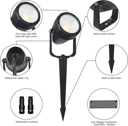 Low Voltage Safety Landscape Lights Outdoor: 7W 840LM LED Landscape Lighting with Connectors & Transformer for Tree Garden Yard Pathway | 24V Warm Yellow 3000K Spotlights | IP65 Waterproof | 12 Pack
