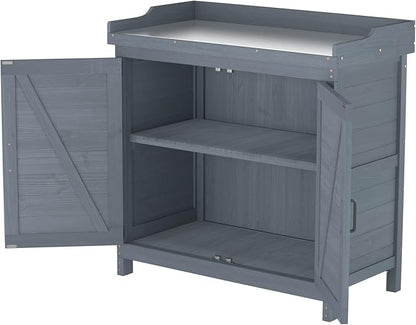 Outdoor Garden Patio Wooden Storage Cabinet Furniture Waterproof Tool Shed with Potting Benches Outdoor Work Station Table (Gray)