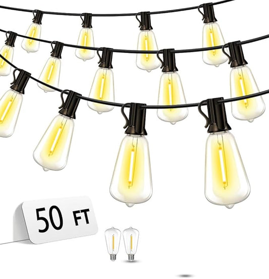 Outdoor Patio String Lights 50ft: ST38 LED Shatterproof Bulbs 3 Modes Button Control - Waterproof Connectable Lights - Wedding Bistro Party Backyard Gazebo Decorative