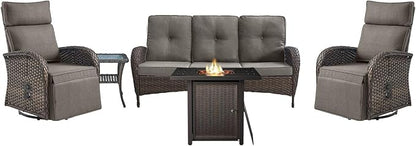 Belord 5 Piece Wicker Patio Furniture Set with 30" Propane Fire Pit Table, Outdoor Swivel Recliner Chairs with Adjustable Backrest & Footrest for Patio Conversation and Backyard Gathering