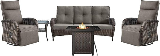 Belord 5 Piece Wicker Patio Furniture Set with 30" Propane Fire Pit Table, Outdoor Swivel Recliner Chairs with Adjustable Backrest & Footrest for Patio Conversation and Backyard Gathering