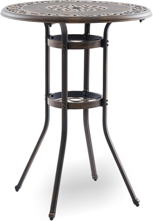 Outdoor Bar Height Table, 31.5" Round Cast Aluminum Patio Pub Table with Umbrella Hole, All-Weather Design for Deck/Garden/Poolside (Bronze)