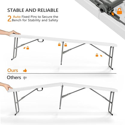 VINGLI 6 feet Plastic Folding Bench,Portable in/Outdoor Picnic Party Camping Dining Seat, Garden Soccer Multipurpose Entertaining Activities, Smooth HDPE Tabletop, 2 Pack, White