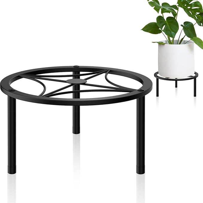 TOSKING Heavy Duty Metal Plant Stand - 7.9-inch Round Tray with Geometric Pattern, Adjustable Leveling Feet & Rust-Resistant Finish for Indoor/Outdoor Use