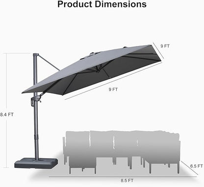 PURPLE LEAF Patio Umbrella 9' X 9' Rectangle Cantilever Umbrella Large Aluminum Outdoor Umbrellas with 360-degree Rotation & UPF40+ Premium Fabric for Deck Pool Garden Yard, Mist Grey