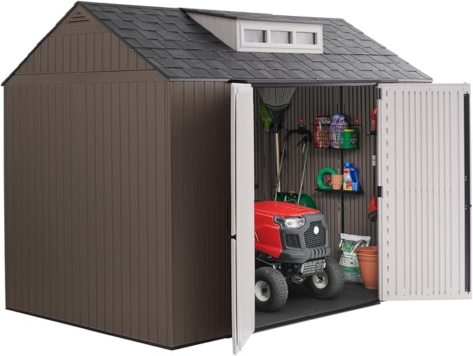 Rubbermaid Extra Large Resin Outdoor Storage Shed With Floor (7 x 10.5 Ft.) Weather Resistant Brown Organization for Home/Lawn Mower/Backyard Equipment/Bike Storage/Pool Supplies