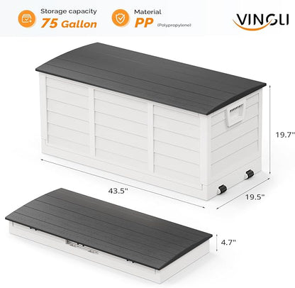 VINGLI 75 Gallon Collapsible Outdoor Storage Box, Simple-to-assemble Plastic Storage Containers with Lid, Patio Deck Box Furniture for Garden, Pool, Balcony, Yard (White)