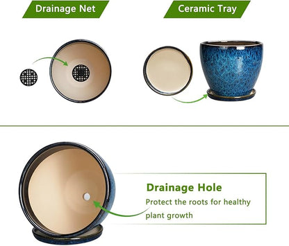 10 Inch Ceramic Planter Pot Round Plant Pot for Indoor Plants Outdoor Large Flower Pot with Drainage Hole and Saucer Blue
