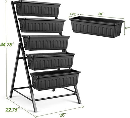 SEJOV 4FT Vertical Raised Garden Bed, 5 Tiers Elevated Planter Box for Herbs Vegetables Flowers, Graden Vertical Planter with Drainage System for Patio Balcony Garden Outdoor Indoor Plants (Black)