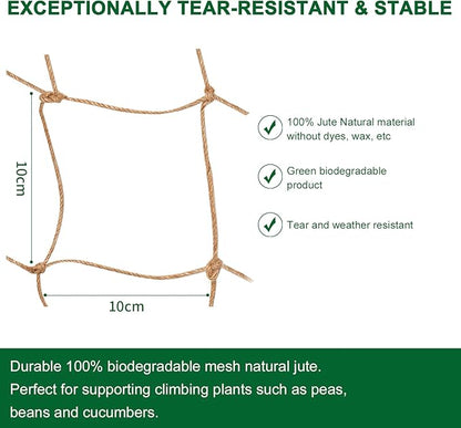 Jute Trellis Netting - Jute Netting for Garden, Heavy Duty Plant Support Netting for Climbing Plants, Cucumber, Vine, Fruits & Vegetables, Climbing Vining Plants (3.3 Ft X 16.4 Ft, 3.9 Inch Squares)