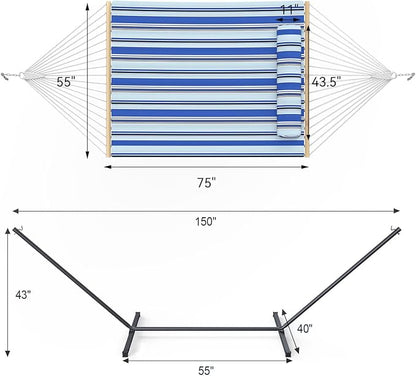 2 Person Outdoor Hammock with Stand, Cotton Rope Hammock with Polyester Pad, Adjustable Steel Frame, Portable with Carrying Bag – for Patio, Backyard, Garden, Beach, Blue