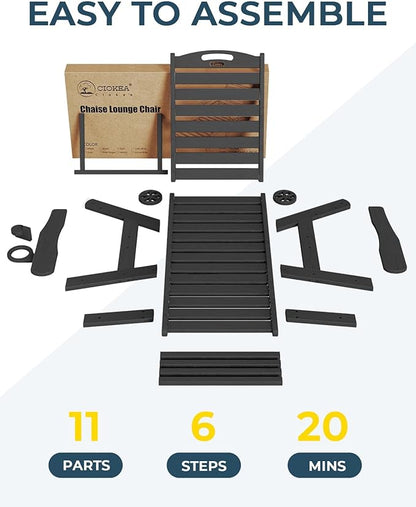 Outdoor Chaise Lounge Chair Set of 2, Patio Lounge Chairs for Outside, HDPE Lounge Chairs with Wheels & Cup Holder, Poly Lounge Chair with 5 Position for Poolside, Deck, Black