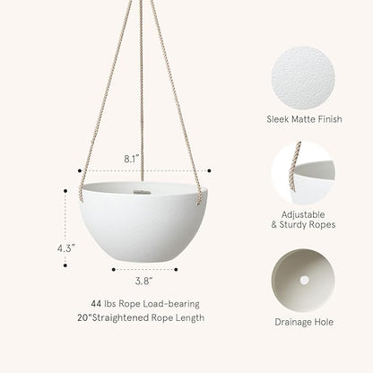La Jolie Muse White Hanging Planter Basket - 8 Inch Indoor Outdoor Flower Pots, Plant Containers W/ Drainage Hole, Plant Pot for Hanging Plants, Pack 2