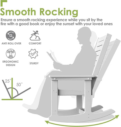 GREENVINES Outdoor Rocking Chair Set | 3-Piece | 2 Rocking Chairs with 1 Side Table | Porch Rocker | HDPE Plastic | White | Patio Furniture Sets | High Back | Big & Tall | Ladder Back