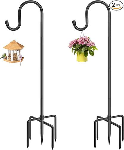 36 Inch Shepherds Hooks for Outdoor, Heavy Duty Bird Feeder Pole with 5 Prong Bases, Garden Hanging Stake for Bird Feeder, Solar Light, Plant Hanger, Wedding Decor, Metal Hanger Hooks, Black, 2 Packs