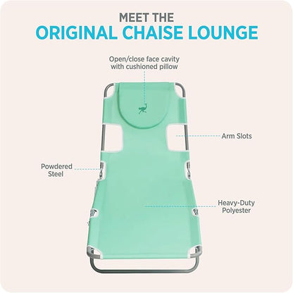 Ostrich 4-Position Outdoor Chaise Lounge w/Face Cushion & Arm Holes, Teal - Lightweight Folding Lounger w/Adjustable Reclining Backrest, Portable w/Carry Strap, 250 lb Weight Capacity