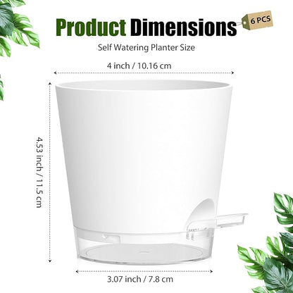Plant Pots 4 Inch Self Watering Pots,6 Pack Plastic Planters with Drainage Holes and Clear Saucers,Plastic Flower Pots,Nursery Planting Pot for Indoor Out Door Plants (White)
