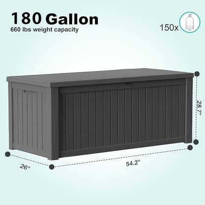 180 Gallon Resin Deck Box, Lockable Weatherproof Outdoor Storage Box for Furniture, Garden Tools and Tools Storage, Waterproof Outside Storage Boxes - Black
