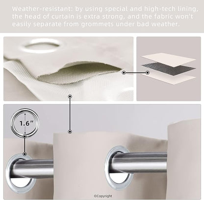 Water Proof Outside Curtains with Grommet Top for Porch, W52 x L120 Thermal Insulated Washable Light Block Outdoor Divider Drapes for Patio Gazebo Deck Pool Area Pergola Cabana (2 Panels)