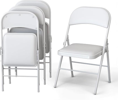 4 Pack Leather Chair | Foldable & Stackable | 350 lbs Capacity Steel Frame Seats for Indoor or Outdoor | Commercial Use Events Wedding Party Events Bulk Picnic Kitchen Dining - White