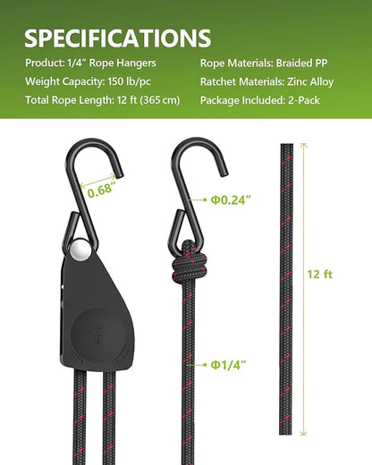Kayak Tie Down Straps Ratchet, Kayak Straps for Secure Canoe to Roof Racks, Hiking Camping, Boating & Water Activities, Heavy Duty Ratchet Pulley Rope Hanger Kayak Accessories 2-Pack 1/4" 12FT