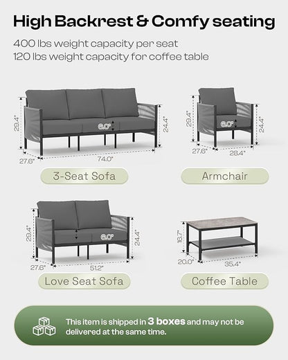 Aluminum Outdoor Patio Furniture Set with Dual-Layer Coffee Table, 4 Piece Modern Patio Conversation Sets with PE Rope, Outdoor Sectional Sofa with Thick Cushions for Balcony, Deck, Charcoal