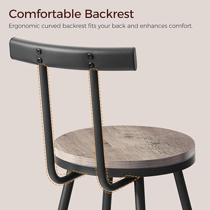Bar Stools, Set of 2 Bar Chairs with Backrest and Footrest, 26" Tall Counter Stools, Metal Frame, Adjustable Feet, Easy Assembly, for Kitchen, Living Room, Pub, Greige BAHG6001