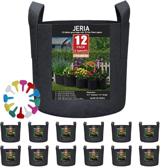 JERIA 12-Pack 15 Gallon Grow Bags, 300G Thickened Nonwoven Garden Pots,Heavy Duty Fabric Pots with Reinforced Handles