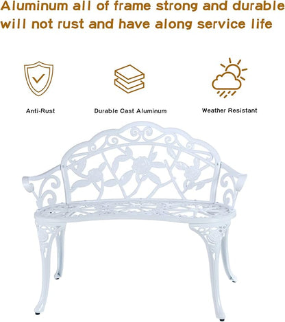 JARDIN DE CENTENNIAL Patio Garden Bench Metal Park Bench Cast Aluminum Outdoor Furniture with Floral Rose for Patio,Park,Lawn,Yard (White)