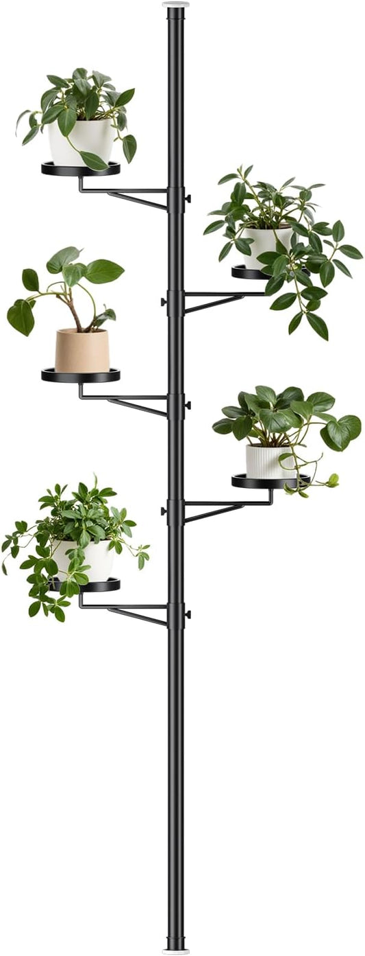 Tension Rod Plant Stand, 5 Tier Tension Pole Plant Stand with 5 Metal Trays, Plant Poles for Hanging Plants Indoor, Floor to Ceiling Plant Pole Hanging Plant Stand