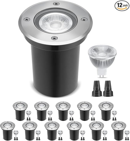 Gardencoin Low Voltage Landscape LED Well Lights, 12V in Ground Lights Outdoor IP67 Waterproof, 4.3 inch Wired Landscape Up Lighting, Included Replaceable 5W 2700K MR16 Bulb Dimmable, 12 Pack