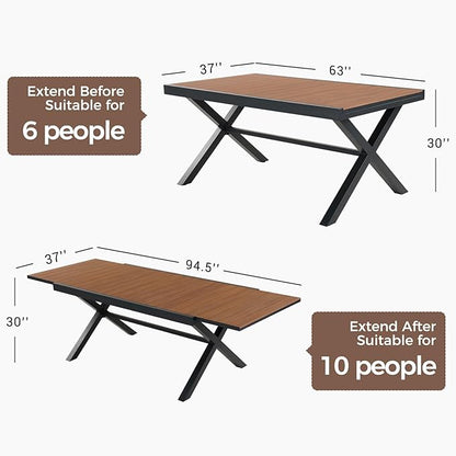 Grand patio 7-Piece Outdoor Dining Set, 6 Leather-Look Wicker Blue Swivel Patio Chairs & 1 Extendable Rectangular Dining Table, Brown