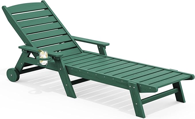 SERWALL Patio Chaise Lounge Chair, 78'' Long HDPE 5 Positions Adjustable Outdoor Lounger, Poly Lounge Chair with Rolling Wheels & Cup Holder for Pool, Dark Green