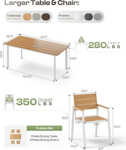 Outdoor Dining Set for 4, Aluminum Patio Table and Chairs Set with Umbrella Hole, 5 Piece HDPS Outdoor Furniture Set for Patio, Garden (White & Teak)