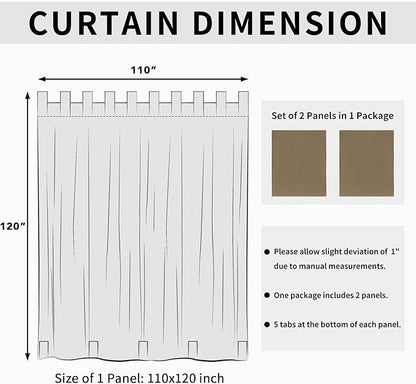 Easy-Going Outdoor Patio Curtains Detachable Tab Top Windproof Weatherproof Curtain for Cabana, Porch, Pergola and Gazebo, Tab Bottom Drape, 2 Panels, 110W x 120L inch, Khaki