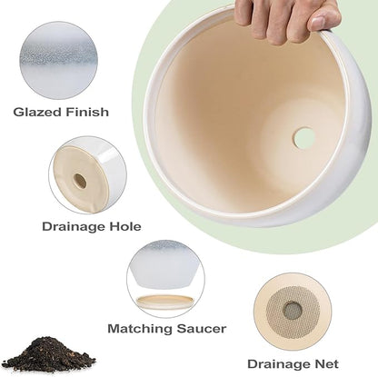 6.3 Inch Plant Pot - Ceramic Planters for Indoor Ourdoor Plants, Modern Succulent Pot, Round Planter with Drainage Hole and Saucer, Room Office Garden Home Decor, Plant Lover Gift, White-Grey
