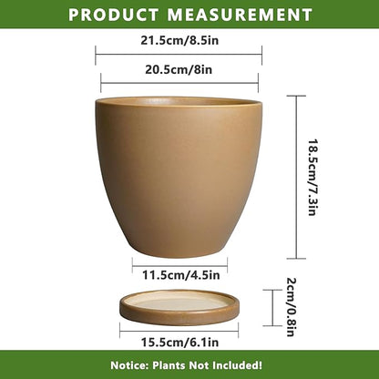 Ceramic Pots for Plants - 8 Inch Planter, Indoor Plant Pot with Drainage Hole and Saucers, Modern Flower Planter, Home Garden Patio Bathroom Porch Room Decor, Brown
