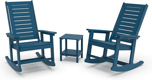 GREENVINES Outdoor Rocking Chair Set | 3-Piece | 2 Rocking Chairs with 1 Side Table | Porch Rocker | HDPE Plastic | Blue | Patio Furniture Sets | High Back | Big & Tall | Ladder Back