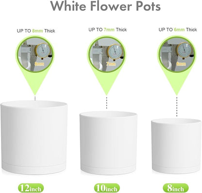 12/10/8 inch Large Plant Pots, 3 Pack Deep Cylinder Flower Pots for Outdoor Indoor Plants, Tall Plastic Planters with Drainage Holes and Saucers for Garden House Plants, White