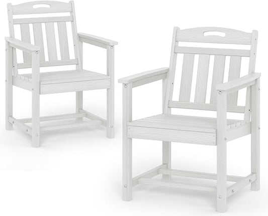 Patio Chairs Set of 2, HDPE Outdoor Dining Chairs with Wide Seat, All Weather Oversized Porch Chair for Garden, Backyard, Deck - White